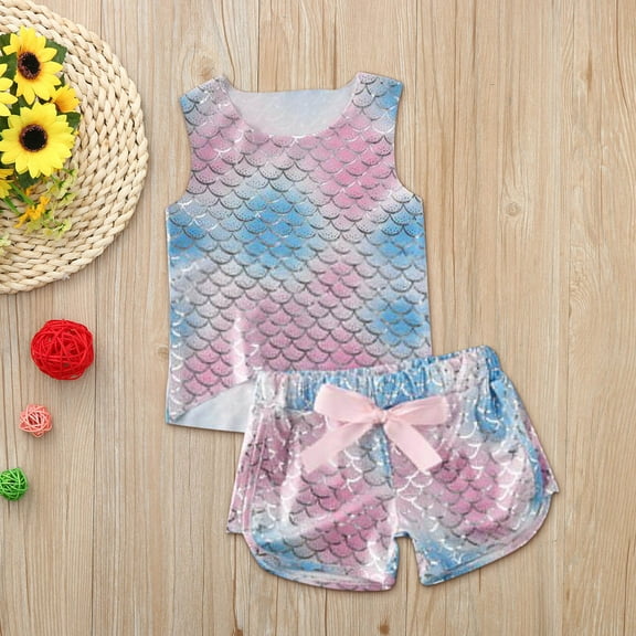 Summer Clearance!KkSLirnhs 110 Girls 14-16 Bikinis Swimsuit infant Baby Girls Tie-Dye Mermaid Squama Print Sleevless Swimwear Outfits SetMulti-color