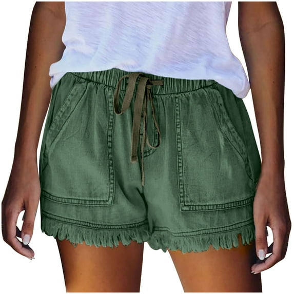 Loopsun Summer Shorts for Women, Woman Summer Solid Color Pocket Jeans Cowboy Pants Female Tassel Bandage Bottom Casual Shorts Green XL