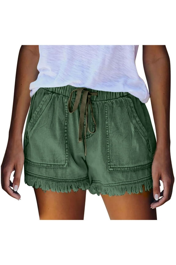 Summer Shorts for Women, Woman Summer Solid Color Pocket Jeans Cowboy Pants Female Tassel Bandage Bottom Casual Shorts Green XL