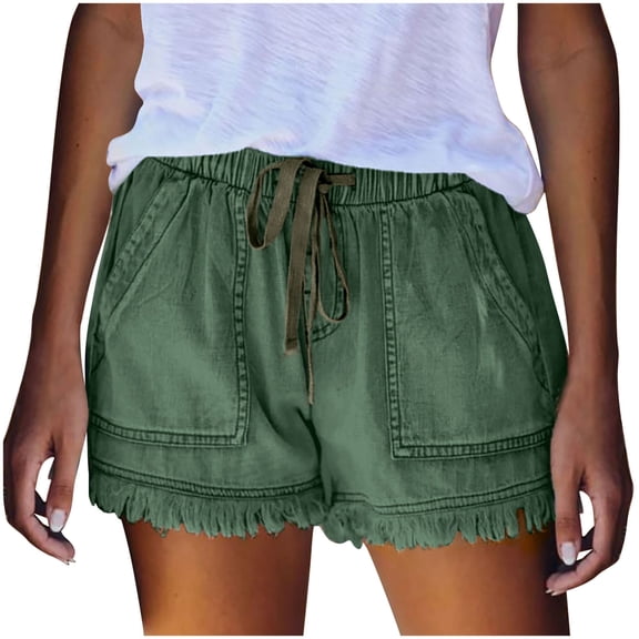 Loopsun Summer Shorts for Women, Woman Summer Solid Color Pocket Jeans Cowboy Pants Female Tassel Bandage Bottom Casual Shorts Green XS