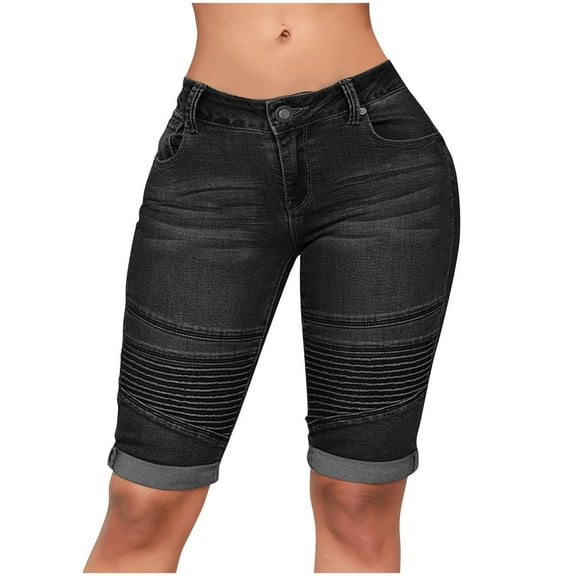 Loopsun Summer Shorts for Women, Women High Waisted Elastic Fashionable Denim Capris Black S