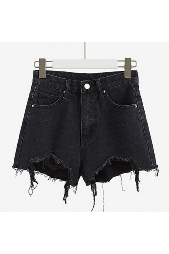 Summer Shorts for Women, Womens Fashion Solid Color Irregularity Rough Selvedge Euryscelia Denim Shorts Black L