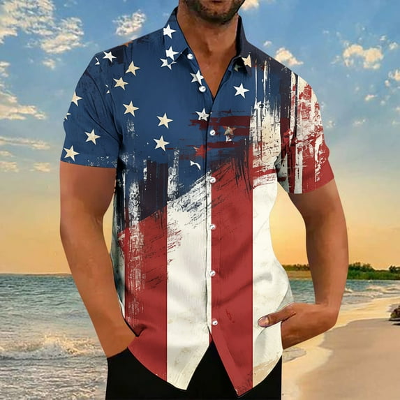Summer Clearance! Men's Independence Day Shirts Trendy American Flag Printed Button Tees Casual Short Sleeve Turndown Collar Tops Multicolor XXL