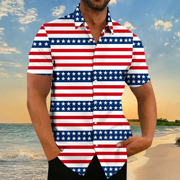 Summer Clearance! Men's Independence Day Shirts Trendy American Flag Printed Button Tees Casual Short Sleeve Turndown Collar Tops Multicolor XXXXXL