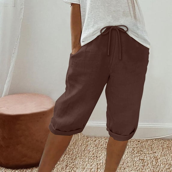 Summer Clearance Ofreoo Women's Linen Elastic Waist Drawstring Shorts Summer Capris Pants with Pockets