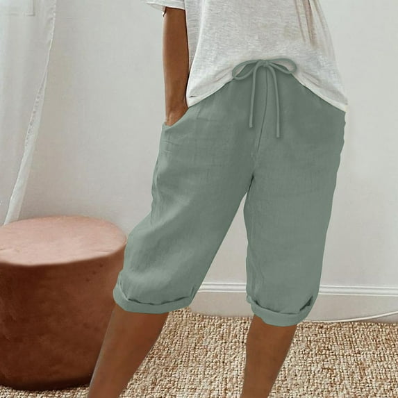 Summer Clearance Ofreoo Women's Linen Elastic Waist Drawstring Shorts Summer Capris Pants with Pockets