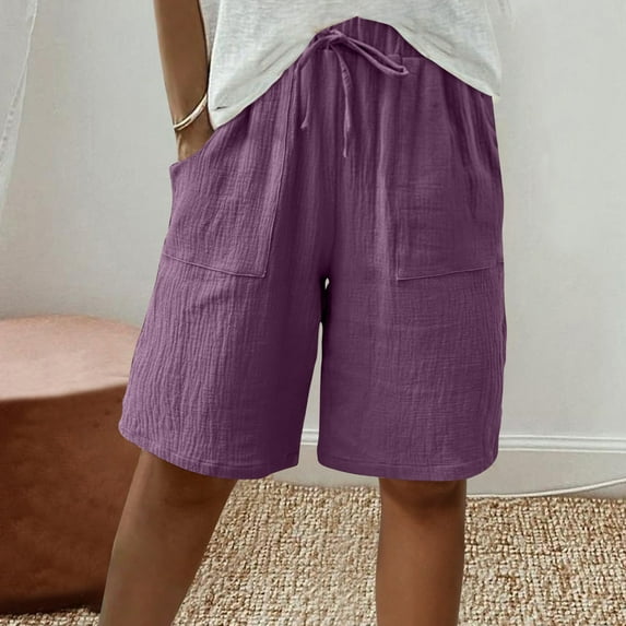 Summer Clearance Ofreoo Women's Solid Color Elastic Waist Pocket Cropped Pants Casual Stretchy Stylish Shorts