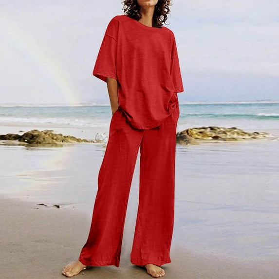 Summer Clearance Oversized Tshirts for Women Women's 2 Piece Outfits Matching Knit Sweater Sets Pullover Tops and High Waisted Pants Tracksuit Sweatsuit Ndbuld Red 3XL