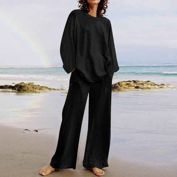 Oversized Tshirts for Women Women's 2 Piece Outfits Sweater Set Knit Pullover Tops High Waisted Pants Sweatsuits Lounge Set Ndbuld Black 4XL