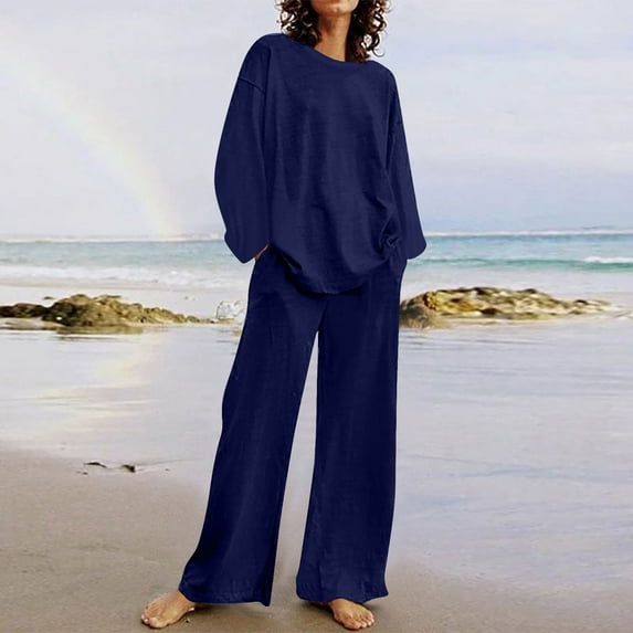 Summer Clearance Oversized Tshirts for Women Women's 2 Piece Outfits Sweater Set Knit Pullover Tops High Waisted Pants Sweatsuits Lounge Set Ndbuld Blue 4XL