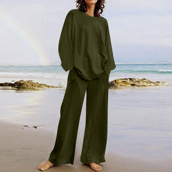 Summer Clearance Oversized Tshirts for Women Women's 2 Piece Outfits Sweater Set Knit Pullover Tops High Waisted Pants Sweatsuits Lounge Set Ndbuld Green M