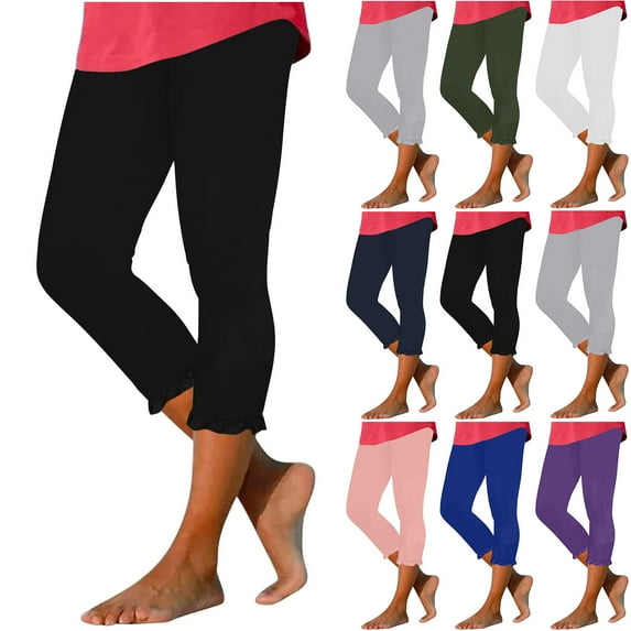 Summer Clearance Prime! lcziwo Capri Leggings for Women Tummy Control Knee Length Ruffled Hem Cropped Leggings 2025 Summer Solid Comfy Milk Silk Capri Pants Gray L