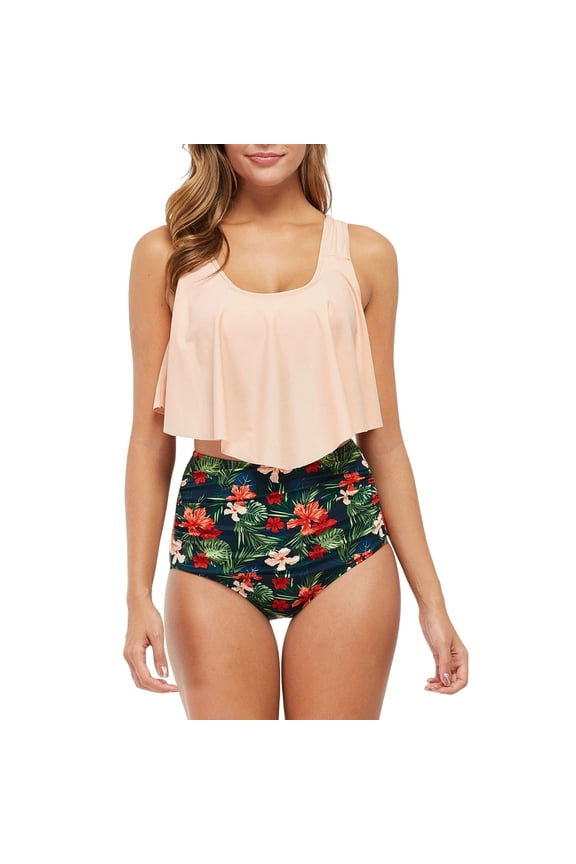 Women's 2 Piece Tankini Set High Waisted Bikini Set Ruffle Flounce Swimsuits with Ruched Bottom Tummy Control Bathing Suits Swimwear