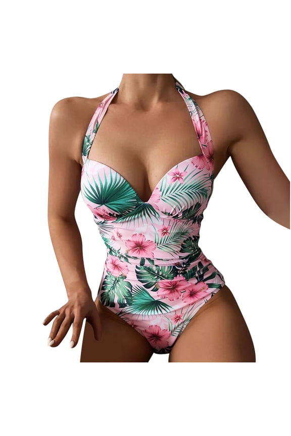 Women's Floral Print One Piece Swimsuits Ruched Halter Tummy Control Bathing Suits High Cut Monokini Vintage Retro Push Up Swimwear