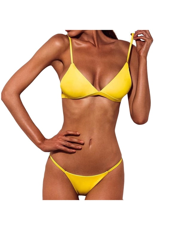 Summer Clearance Sale 2024!TMOYZQ Women's Triangle Bikini Set Solid Color Swimsuits with Thong Bottom High Cut Cheeky Bikini Set Two Piece Bathing Suits Swimwear