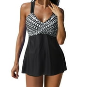 TMOYZQ Womens Tankini Swimdress with Boyshorts V Neck Criss Cross Back Swim Dress Two Piece Swimsuits Tummy Control Bathing Suits Swimswear
