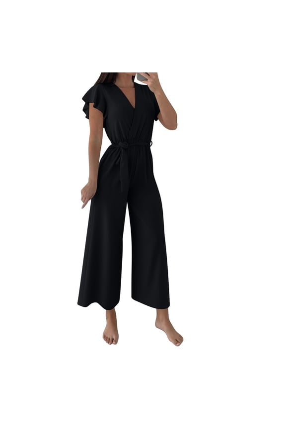 Joau Elegant Jumpsuits for Women Dressy Formal Ruffled Sleeveless V Neck Straight Leg Long Pants Rompers Business Casual One Piece Outfits
