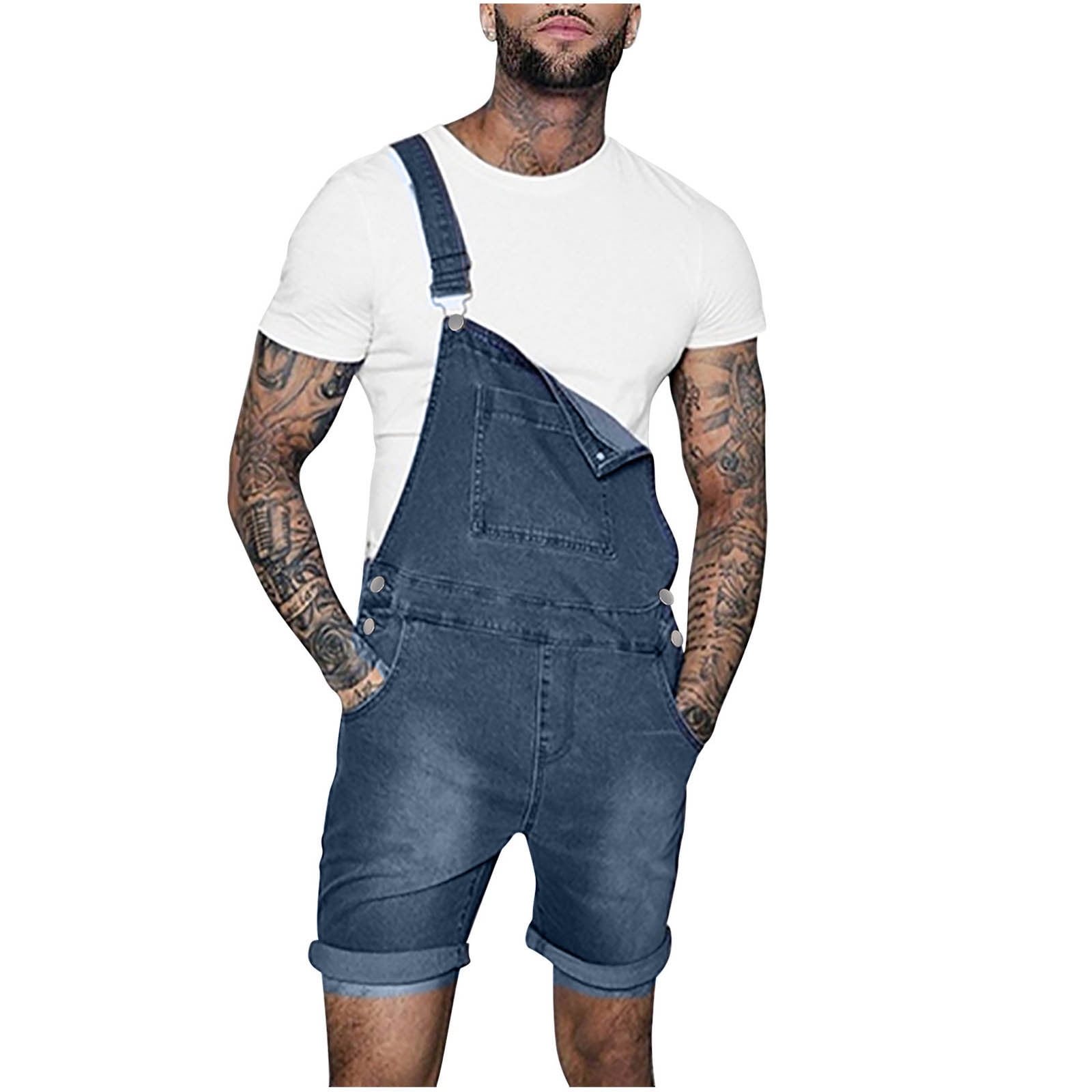 Summer Clearance Sale Joau Mens Denim Shorts Bib Overalls Jean Romper Casual Loose Fit Button Pockets Summer Ripped Distressed Jumpersuit Above Knee
