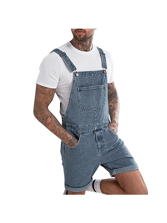 Mens Denim Shorts Bib Overalls Jean Romper Casual Loose Fit Button Pockets Summer Ripped Distressed Jumpersuit Above Knee Length Suspender Pants