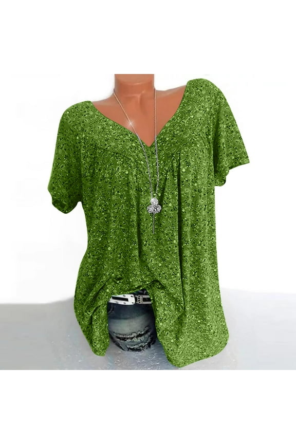 Women's Casual Boho Floral Printed V Neck Tunic Tops Plus Size Short Sleeve Pleated T Shirt Blouses S-5XL