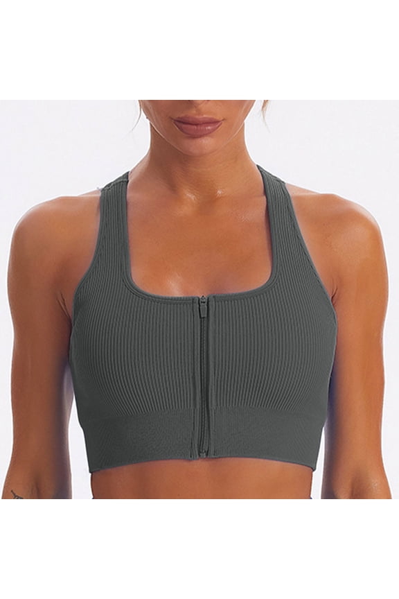 Women's Front Zipper Closure Ribbed Sports Bra High Impact Support Breathable Comfort Racerback Workout Yoga Bras with Removable Pads