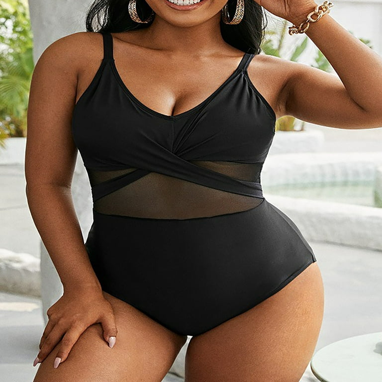 Summer Clearance Sale! Joau Women's Plus Size Black One Piece Swimsuit Mesh  Back Tie V Neck Tummy Control Bathing Suit Beach Swimwear Monokini with