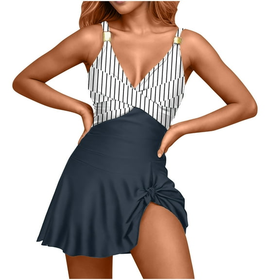 Miqool Womens One Piece Swimsuits Tummy Control Bathing Suits Color Block Criss Cross V Neck Swim Dress Modest Swimwear
