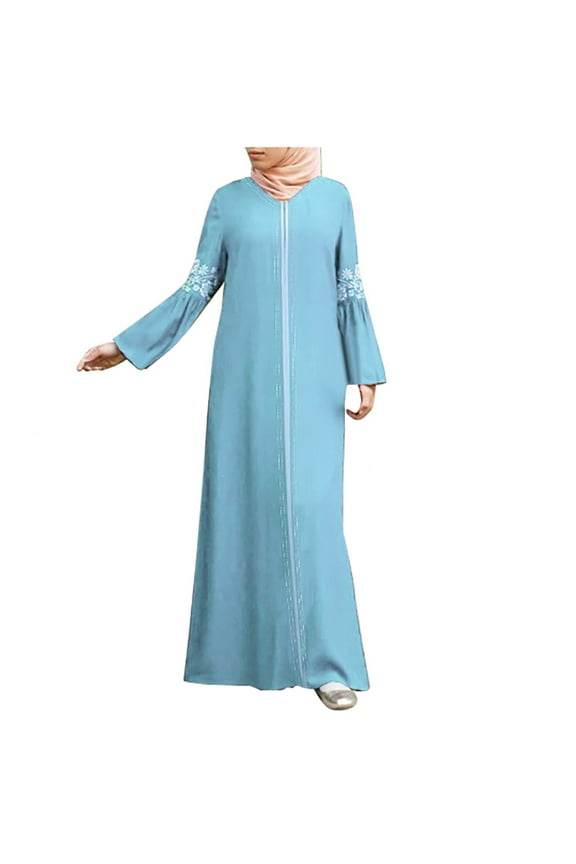 Womens Plus Size Zip Up Front Muslim Vintage Maxi Long Dress Islamic Kaftan Casual Long Sleeve Full Length Dress Arabian Robe