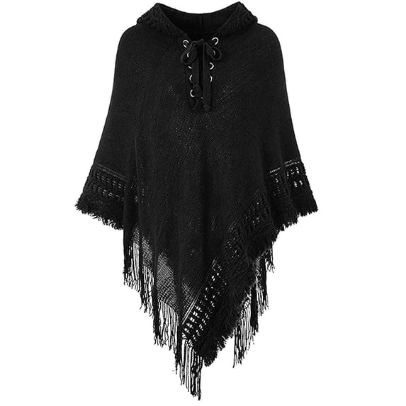 Summer Clearance Sale! Pitauce Cover Up for Women Solid Color Crochet Poncho Knitting Hooded Cape Asymmetric Tassel Hem Shawl Lace Up Versatile Wrap
