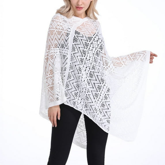 Summer Clearance Sale! Pitauce Cover Up for Women Solid Color Hollow Out V Neck Crochet Poncho Knitting Cape Asymmetric Hem Shawl Versatile Wrap Tops