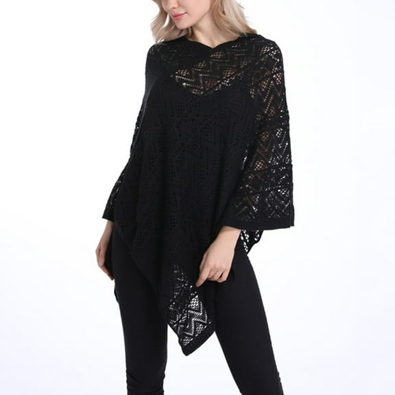Summer Clearance Sale! Pitauce Cover Up for Women Solid Color Hollow Out V Neck Crochet Poncho Knitting Cape Asymmetric Hem Shawl Versatile Wrap Tops