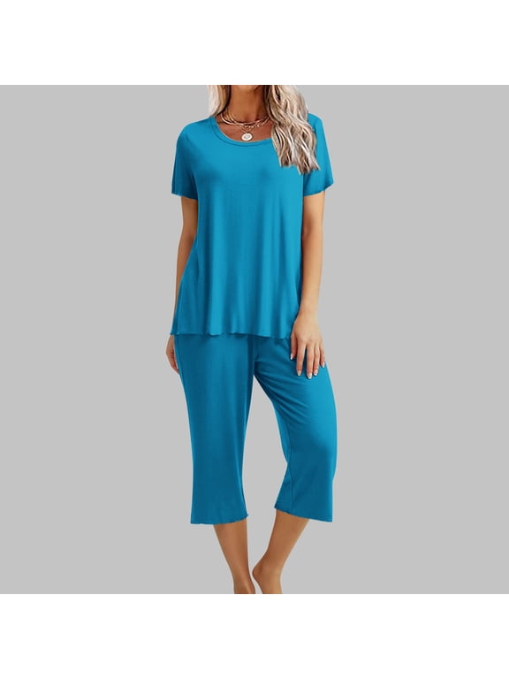 Lounge Set for Women 2 PC Outfits Summer Solid Color Crewneck Short Sleeve Top Wide Leg Capri Pants Casual Loose Loungewear Set