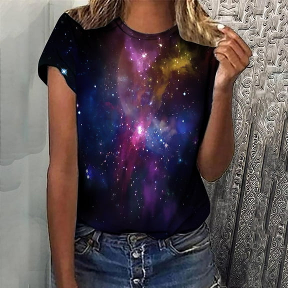 Pitauce Women's T-Shirt Starry Sky Graphic Printed Tees Crewneck Short Sleeve Summer Tops Casual Loose Blouse Tunic Tops