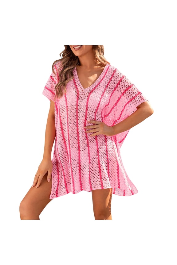 Summer Clearance Sale! TMOYZQ Oversized Swimsuit Coverups for Women Crochet Knit Hollow Out V Neck Bathing Suit Coverups Summer Bikini Dress Beach Cover Ups for Swimwear