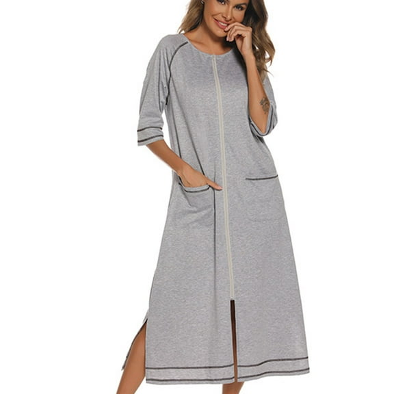 Summer Clearance Sale! TMOYZQ Women Zipper Up Robe 3/4 Sleeves Loungewear Sleep Dress Full Length Sleepwear Housecoat Nightgown Loose Comfy Long Bathrobe with Pockets S-XXL