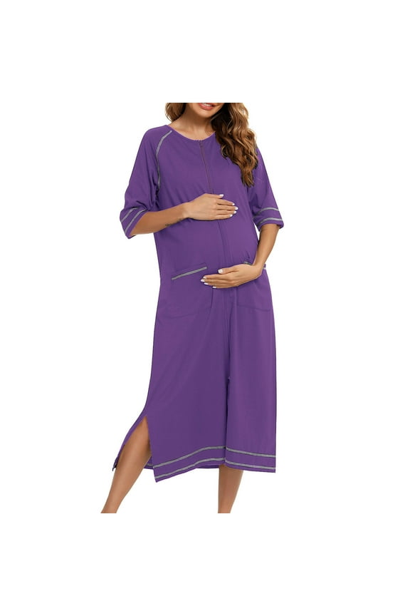 Summer Clearance Sale! TMOYZQ Women Zipper Up Robe 3/4 Sleeves Loungewear Sleep Dress Full Length Sleepwear Housecoat Nightgown Loose Comfy Long Bathrobe with Pockets S-XXL