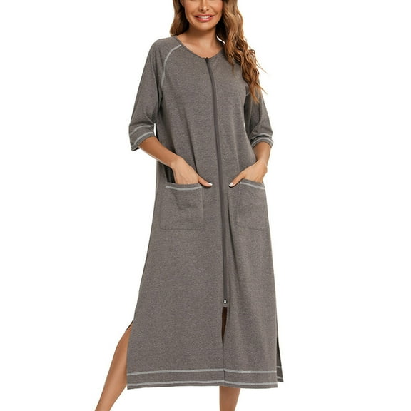 Summer Clearance Sale! TMOYZQ Women Zipper Up Robe 3/4 Sleeves Loungewear Sleep Dress Full Length Sleepwear Housecoat Nightgown Loose Comfy Long Bathrobe with Pockets S-XXL