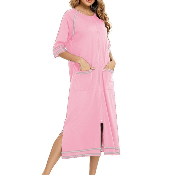 Summer Clearance Sale! TMOYZQ Women Zipper Up Robe 3/4 Sleeves Loungewear Sleep Dress Full Length Sleepwear Housecoat Nightgown Loose Comfy Long Bathrobe with Pockets S-XXL