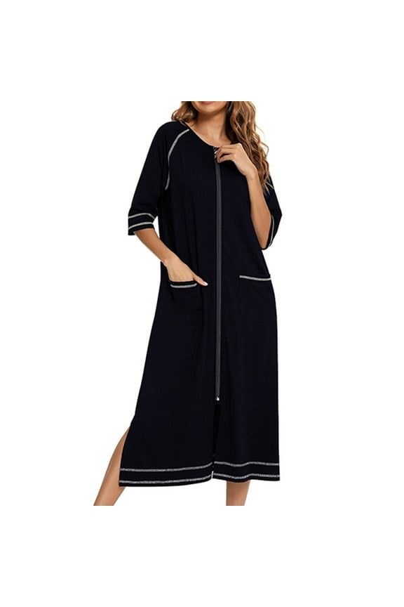 Summer Clearance Sale! TMOYZQ Women Zipper Up Robe 3/4 Sleeves Loungewear Sleep Dress Full Length Sleepwear Housecoat Nightgown Loose Comfy Long Bathrobe with Pockets S-XXL