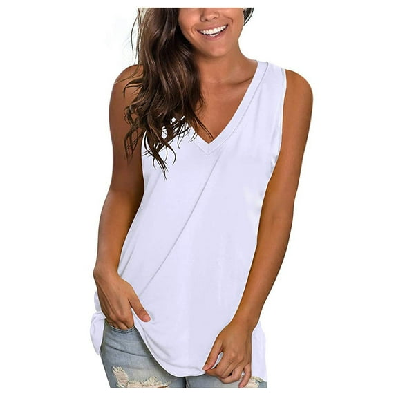 Summer Clearance Sale! TMOYZQ Women's Casual Solid Color Basic Tank Tops Summer V-Neck Sleeveness Tunic Tees Loose Fit Flowy Comfy Shirts Blouses S-XXL