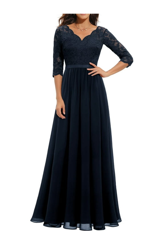 TMOYZQ Women's Elegant Floral Lace 3/4 Sleeve Wedding Guest Maxi Dress V Neck A-Line Formal Evening Party Dresses Bridesmaid Dress Prom Gowns