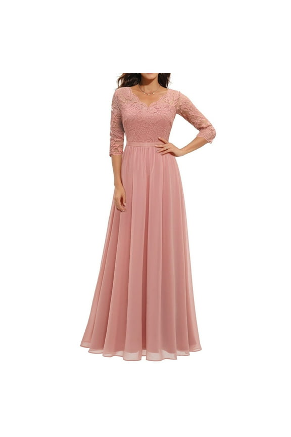 Women's Elegant Floral Lace 3/4 Sleeve Wedding Guest Maxi Dress V Neck A-Line Formal Evening Party Dresses Bridesmaid Dress Prom Gowns