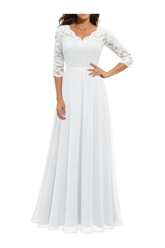 TMOYZQ Women's Elegant Floral Lace 3/4 Sleeve Wedding Guest Maxi Dress V Neck A-Line Formal Evening Party Dresses Bridesmaid Dress Prom Gowns