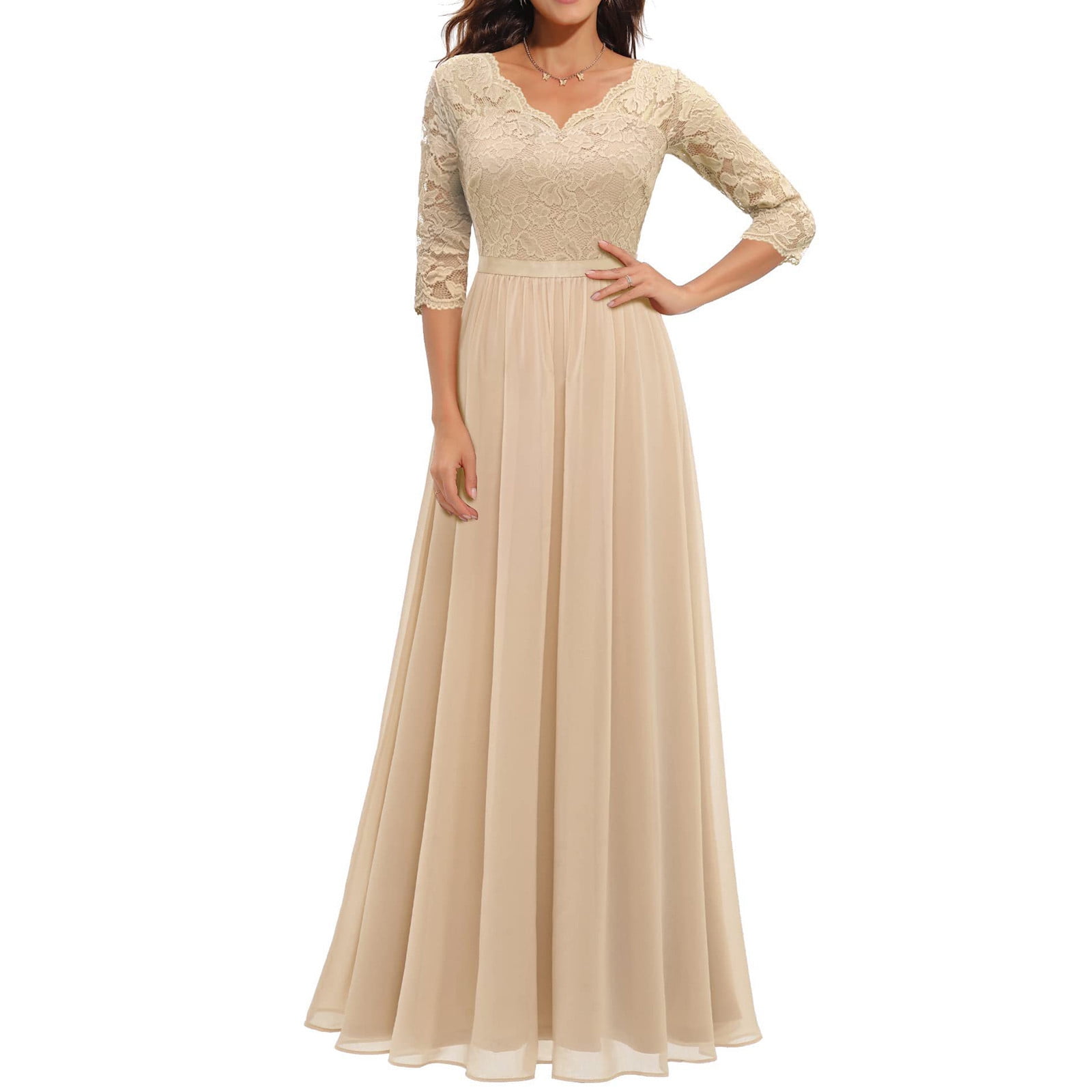 Summer Clearance Sale! TMOYZQ Women's Elegant Floral Lace 3/4 Sleeve Wedding Guest Maxi Dress V Neck A-Line Formal Evening Party Dresses Bridesmaid Dress Prom Gowns