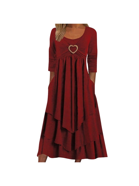 Women's Long Sleeve Ruched Layered Ruffle Hem Tiered A Line Maxi Dress Casual Round Neck Empire Waist Flowy Long Dresses with Pockets