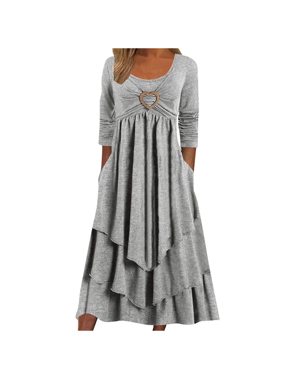 Women's Long Sleeve Ruched Layered Ruffle Hem Tiered A Line Maxi Dress Casual Round Neck Empire Waist Flowy Long Dresses with Pockets