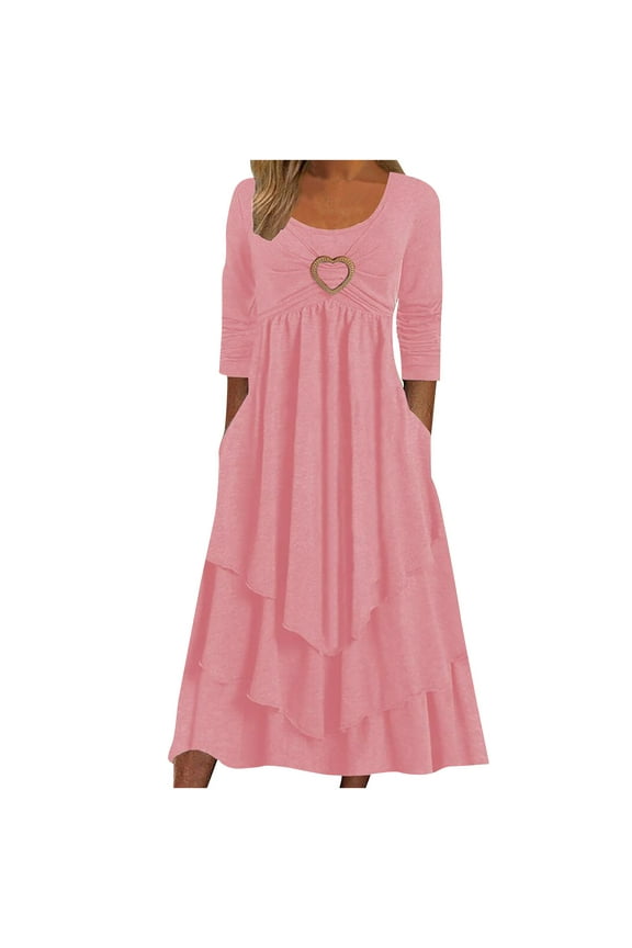 Women's Long Sleeve Ruched Layered Ruffle Hem Tiered A Line Maxi Dress Casual Round Neck Empire Waist Flowy Long Dresses with Pockets