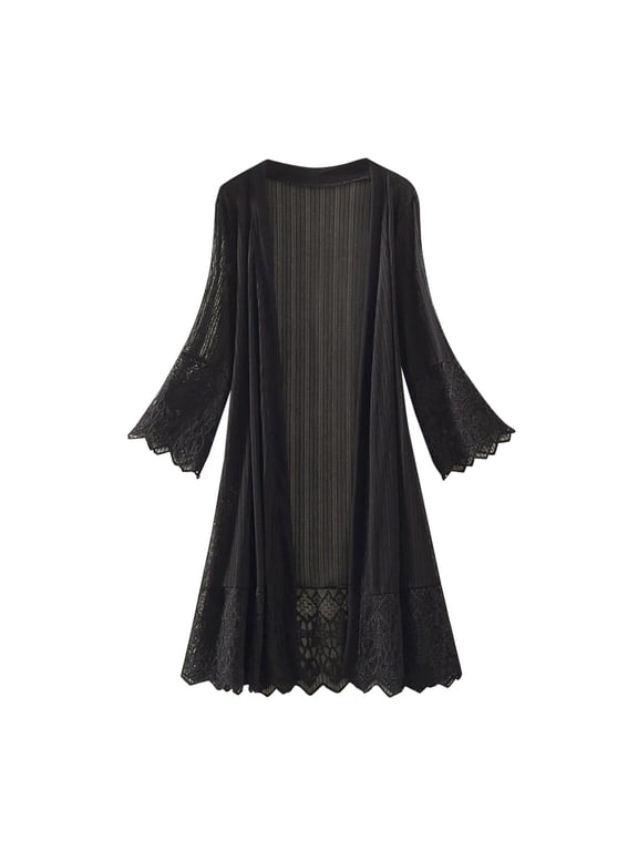 Summer Clearance Sale! TMOYZQ Women's Plus Size Casual Sheer Mesh Lace Crochet Open Front Kimono Cardigans Long Sleeve See Through Beach Bikini Cover Ups for Swimwear