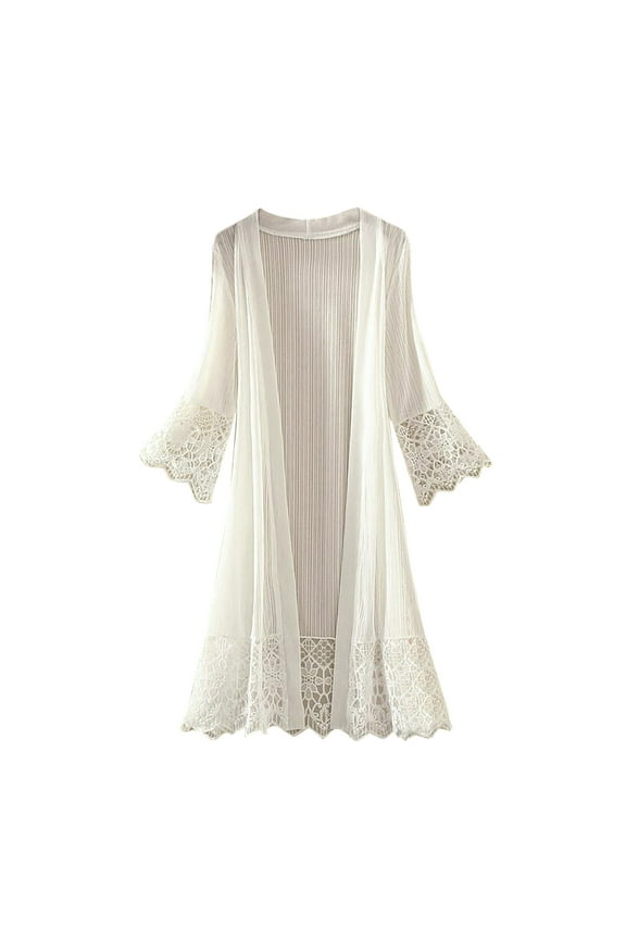 Summer Clearance Sale! TMOYZQ Women's Plus Size Casual Sheer Mesh Lace Crochet Open Front Kimono Cardigans Long Sleeve See Through Beach Bikini Cover Ups for Swimwear
