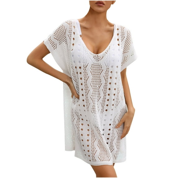 Summer Clearance Sale! TMOYZQ Women's Swimwear Cover Ups Short Sleeve V Neck Crochet Knit Beach Dress Swimsuit Coverups Summer Beachwear Bathing Suit Cover Up for Women